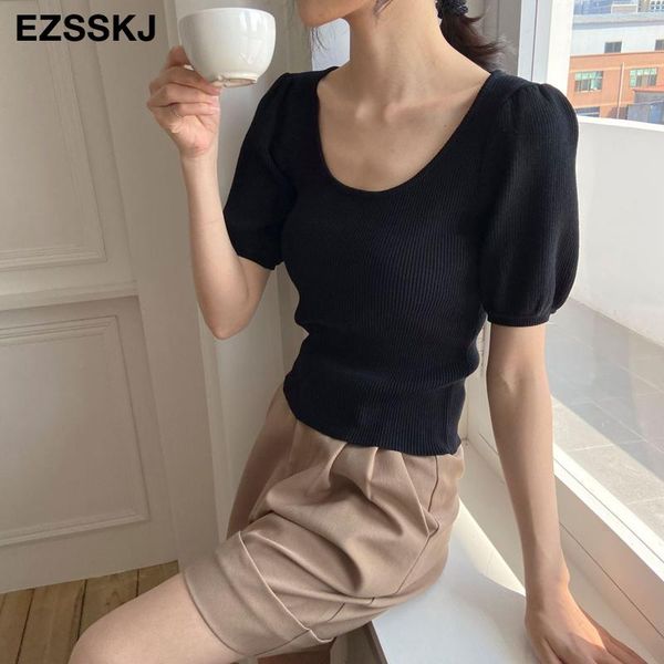 

black puff sleeve lower u-neck women's t-shirt casual loose basic short bottom knit female, White