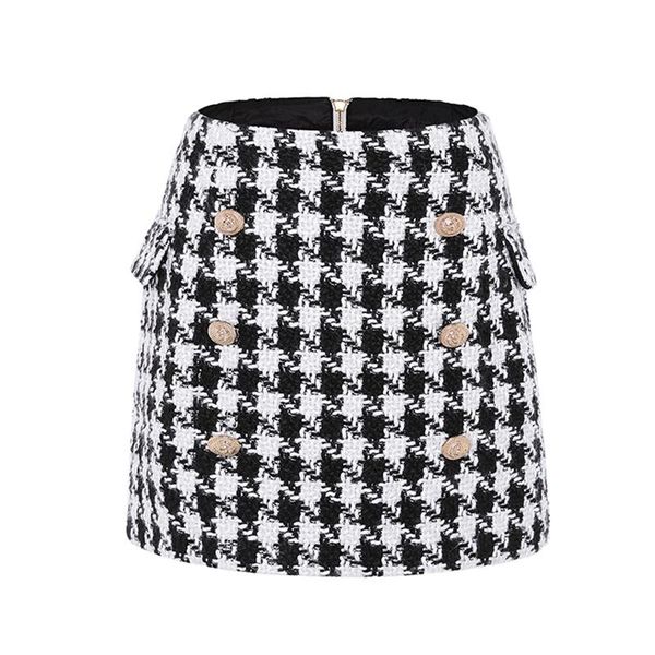 

skirts fashion runway 2021 designer skirt women's metal lion buttons embellished houndstooth tweed mini, Black