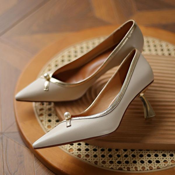 

dress shoes sheepskin temperament yuyuan wind full leather spring electroplated stiletto bow pearl single shoe women, Black