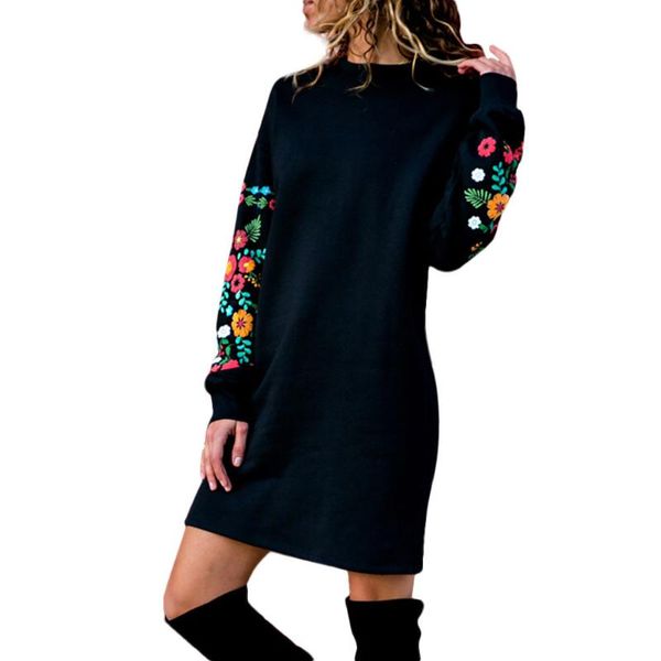

casual dresses women autumn winter hoodies plus size long sleeve floral embroidery sweatshirt dress slim, Black;gray
