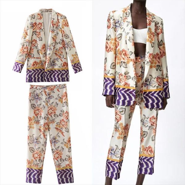 

za set 2 pieces sets womenpant vintage print blazer suits skinny trousers summer womens and, White