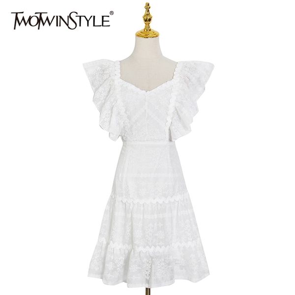 

elegant patchwork lace dress female square collar short sleeve high waist embroidery white dresses fashion 210520, Black;gray