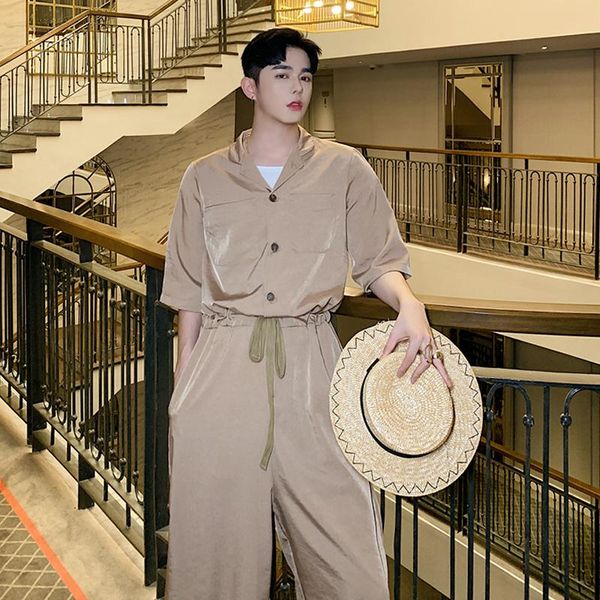 

men's pants summer designer retro high waist loose wide legged jumpsuit tide brand korean version short sleeve, Black