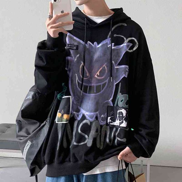 

winter devil hoodies loose velo hip hop streetwear male hoodie anime clothing, Black