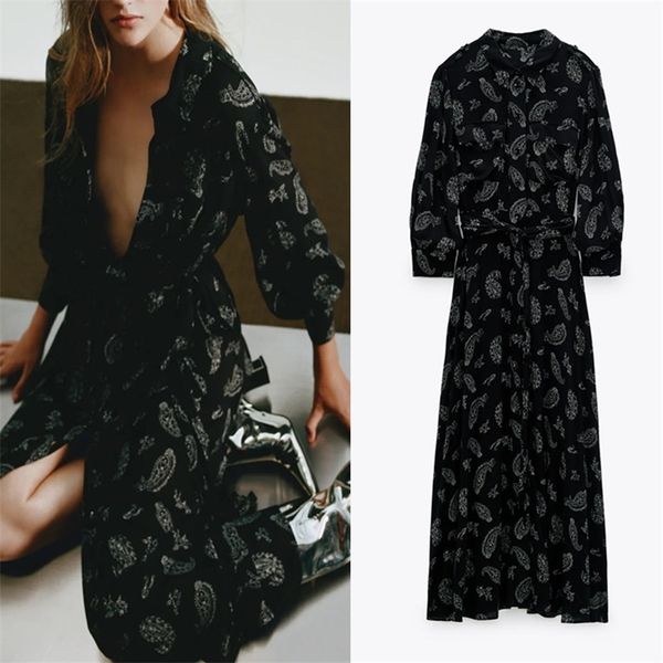 

dress woman black printed midi women lapel collar long sleeves fashion tied belt button-up casual laddies es 210519, Black;gray
