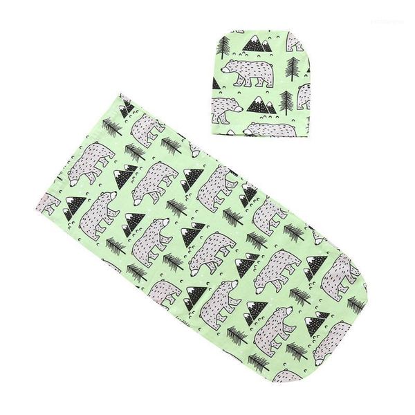

born swaddle 0-12 months baby cotton print sleeping bag cartoon infant kids soft muslin wrap turban hat set bags1