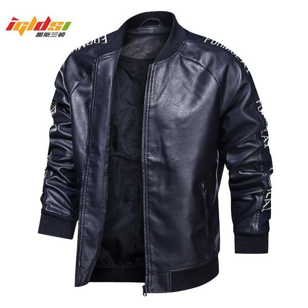 

men's fur & faux pu leather jacket bomber baseball jackets biker coat pilot varsity business slim fit motorcycle, Black