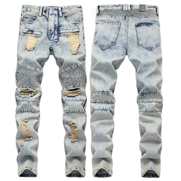 

jeans new men's straight fit locomotive big hole pants trendy, Blue