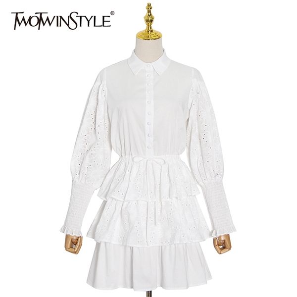 

hollow out white dress for women lapel puff long sleeve high waist mini dresses female fashion clothing 210520, Black;gray
