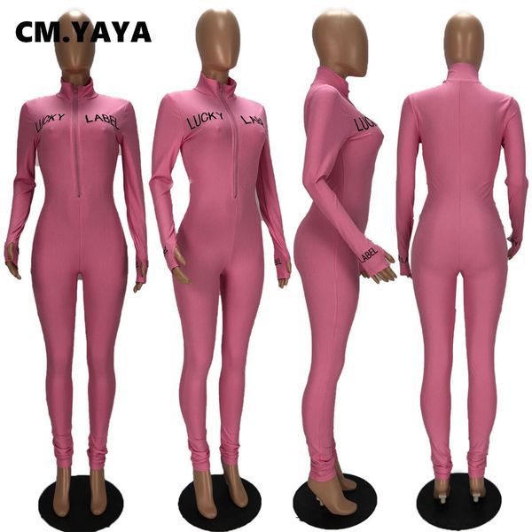 

2011CMYAYA Autumn Knitted Lucky Label Embroidery Long Sleeve Zipper Jumpsuit Women Active Ribbed Moto Biker Romper One Piece Overall, Black