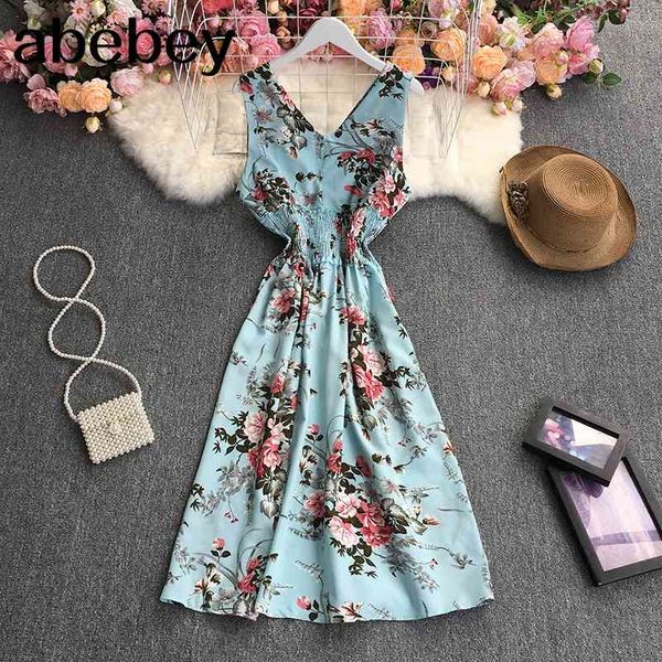 

summer women fashion v-neck sleeveless dress high waist pleated waist print mid-length a-line vest dress 210715, Black;gray