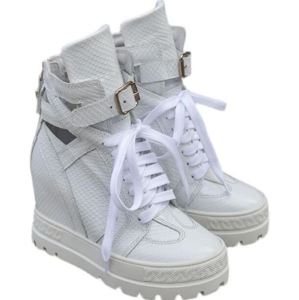 

spring girls white height increasing 10 cm wedge sneakers woman thick sole platform cuts out lace up front short ankle boots, Black