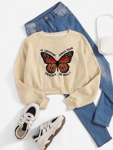 

slogan and butterfly print crop thermal lined sweatshirt h7ux#, White;black