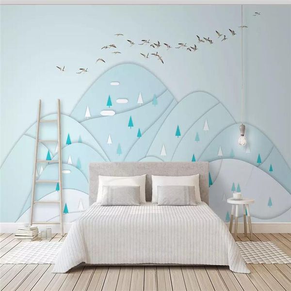 

wallpapers decorative wallpaper nordic simple individual style landscape birds geometry light blue background wall
