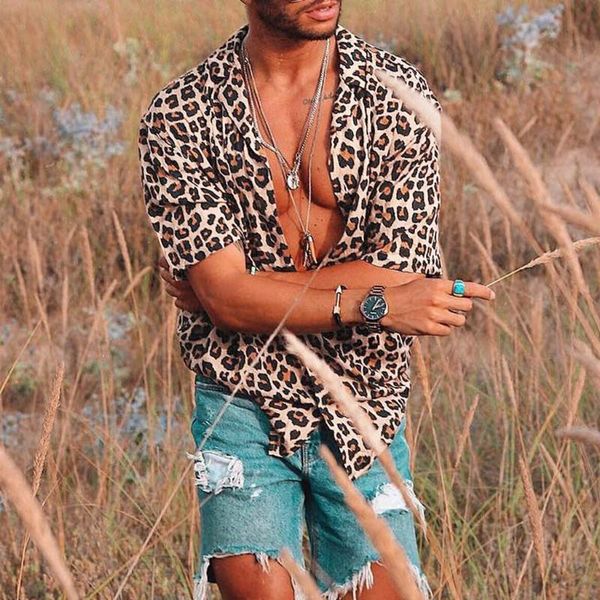 

men's casual shirts men cool shirt street leopard print baggy beach short sleeve button retro camisas masculina, White;black