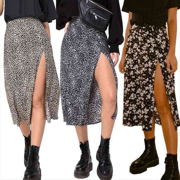 

floral print black summer womens skirt fashion high waist a line split leopard woman casual elastic midi