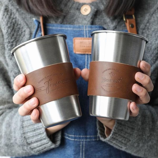 

mugs 500ml stainless steel coffee mug large capacity creative juice milk cup food grade 304+ leather anti-scalding office water cups
