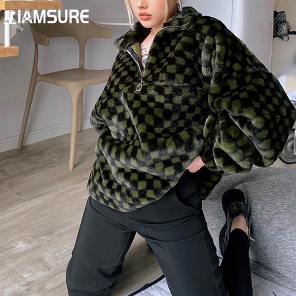 

women's hoodies & sweatshirts iamsure furry plaid thick sweatshirt women warm winter casual streetwear loose turn-down collar zipper lo, Black