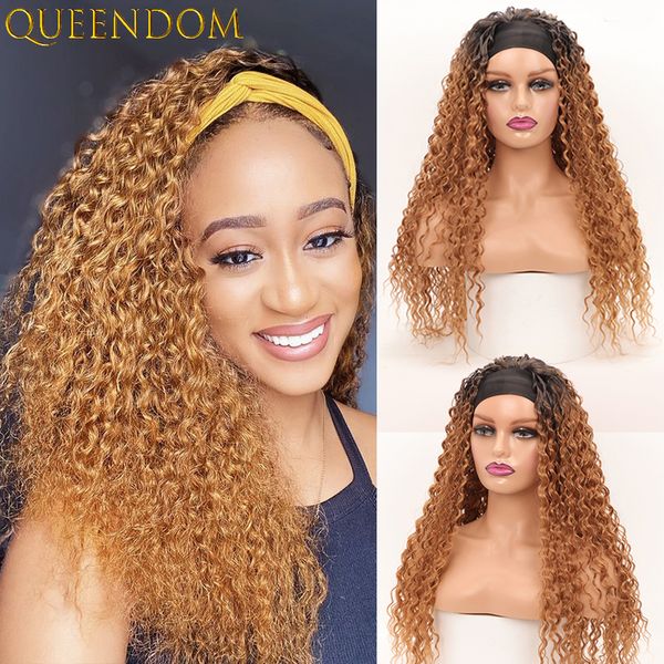 

long water wave headband wig honey blonde deep wave headwrap wigs for afro women heat resistant synthetic wave cosplay scarf wig, Black