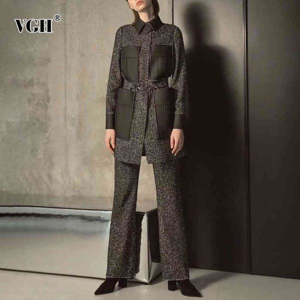 

vgh patchwork pocket two piece set for women lapel long sleeve high waist sashes wide leg pants casual suit female new 210421, White