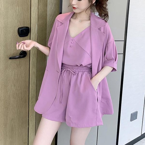 

summer autumn women loose blazer suits three pieces set notched short sleeve drawstring elastic waist shorts plus size sets women's tra, Gray