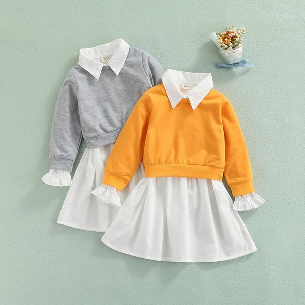 

clothing sets baby clothes set solid color pure cotton girls long-sleeved round neck sweatshirt + buttoned lapel shirt dress 2-piece1, White