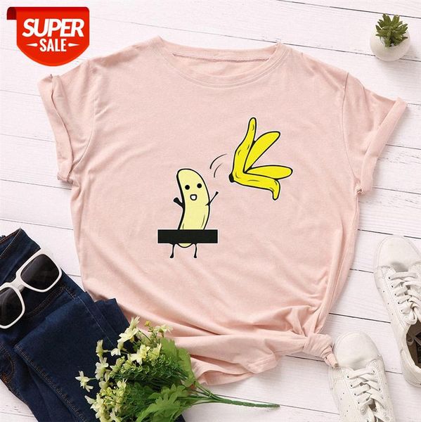 

women's loose round neck short-sleeved spoof banana cotton t-shirt blouse 250 #u69g, White
