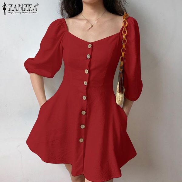

casual dresses zanzea elegant women 3/4 puff sleeve mini dress 2021 summer sundress vintage buttons down solid party short vestidos, Black;gray