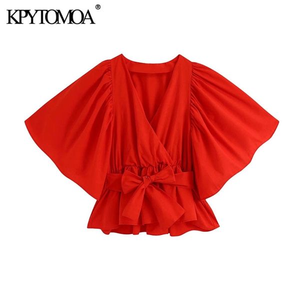 

women fashion with bow tied elastic trims blouses vintage v neck short sleeve female shirts blusas chic 210420, White