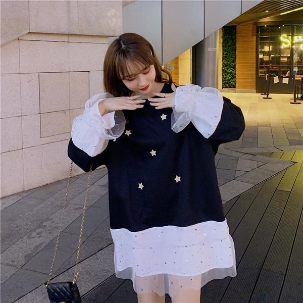 

women's hoodies & sweatshirts clothing spring autumn sequins mash patchwork full sleeve loose sweet korean style print pullovers, Black