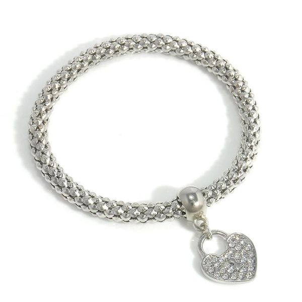 

charm bracelets fashion alloy hand bracelet shiny rhinestone love heart pendant elastic stylish women jewelry, Golden;silver