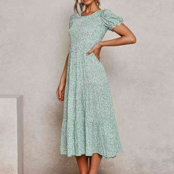 

casual dresses o-neck puff sleeve midi elastic waist floral printed elegant dress for women summer 1bs5, Black;gray