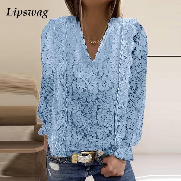 

women's blouses & shirts fashion hollow embroidery flower lace shirt v neck ladies blusas elegant women long sleeve pullover stree, White