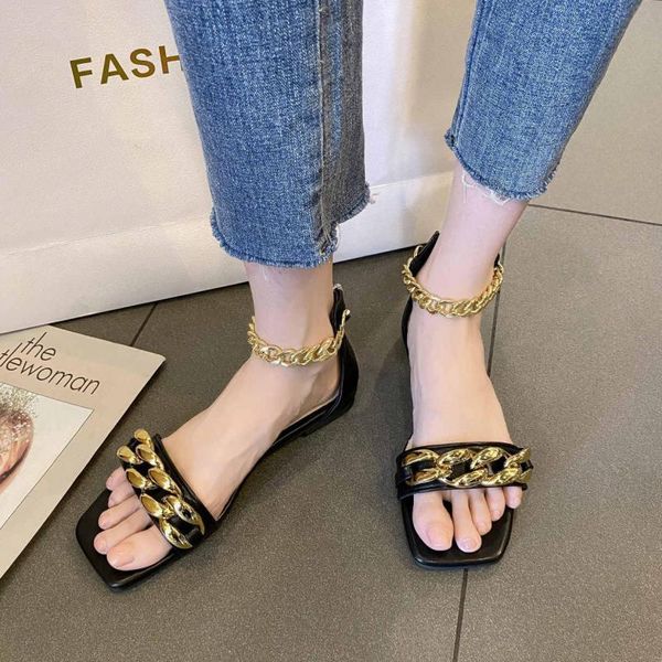 

sandals metal chain women's summer roman style wedge heel soft casual open toe beach vacation plus size flat shoes, Black