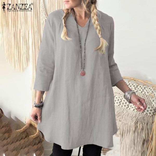 

women's blouses & shirts zanzea women elegant blouse summer v neck 3/4 sleeve solid tunic casual cotton linen work blusas femininas sh, White