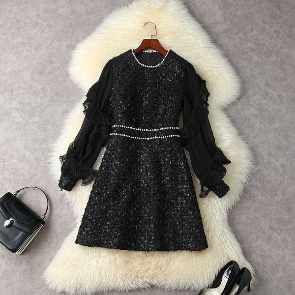 

european and american women's clothing winter 2022 new lanterns have long sleeves patchwork beaded tweed fashion dress, Black;gray