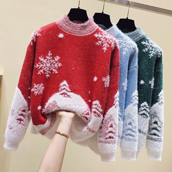 

sweater women trend imitation mink wool warm pullover christmas loose harajuku half-high collar bottoming sweater, White;black