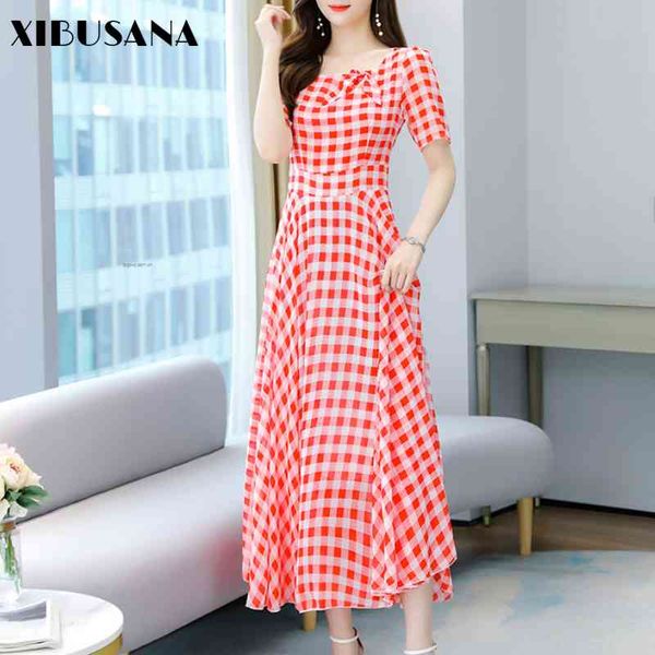 

summer holiday boho beach long dress women short sleeve square collar plaid chiffon female plus size 4xl elegant vestidos 210423, Black;gray