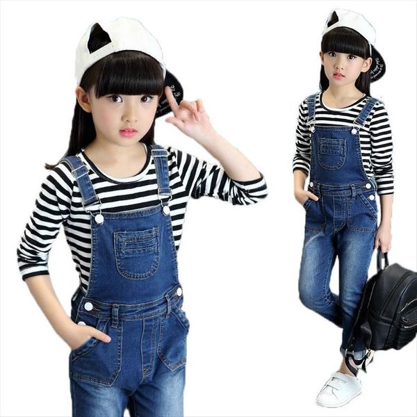 

spring autumn kids girls denim overalls jeans trousers for children bib pants solid clothes 9 12 13 teen girl jumpsuits, Blue