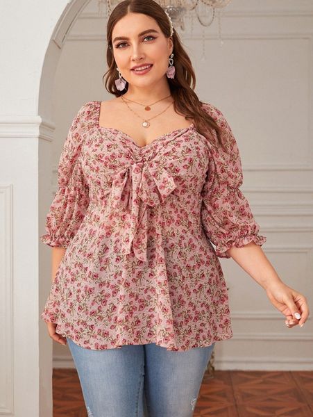 

plus sweetheart neck tie front floral print blouse x1zb#, Black