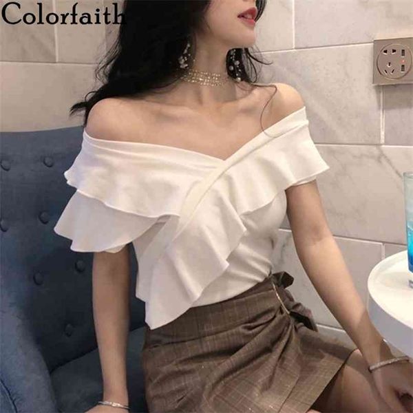 

women summer blouses shirts slash neck casual ruffles off shoulder asymmetrical lady white bl8190 210427