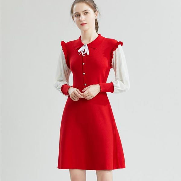 

casual dresses elegant woman sweater knitting patchwork mini dress 2021 autumn winter sweet bow lapel lantern sleeve knitted pullover knitwe, Black;gray
