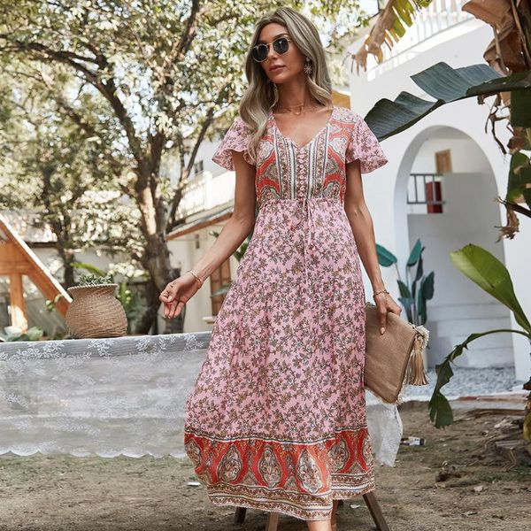 

casual dresses 2021 romantic pink bohemian women floral summer dress v neck short sleeve ladies chic midi holiday party robe boho, Black;gray