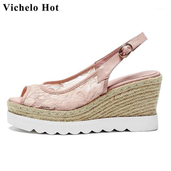 

sandals vichelo 2021 cow leather lace lady dating shoes high street fashion peep toe straw wedges summer women l121, Black