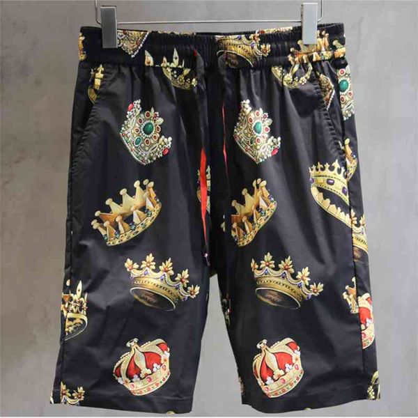 

short spring and summer breathable crown pattern casual beach pants slim stretch fashion men's shorts, White;black