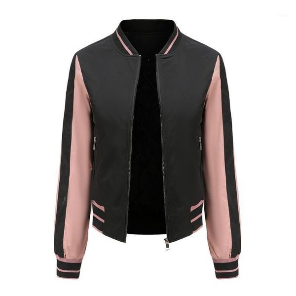 

women's jackets spring autumn bomber jacket women baseball collar patchwork color padded coat light waterproof female, Black;brown