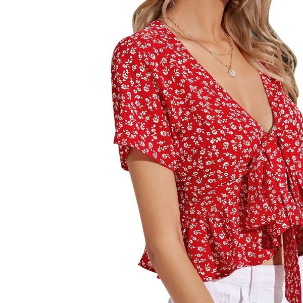 

women summer blouse, full floral tied v-neck low-cut short sleeves flounce crop for girls, red/yellow women's t-shirt, White