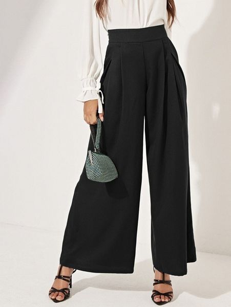 

solid boxy pleated wide leg pants j0oy#, Black;white