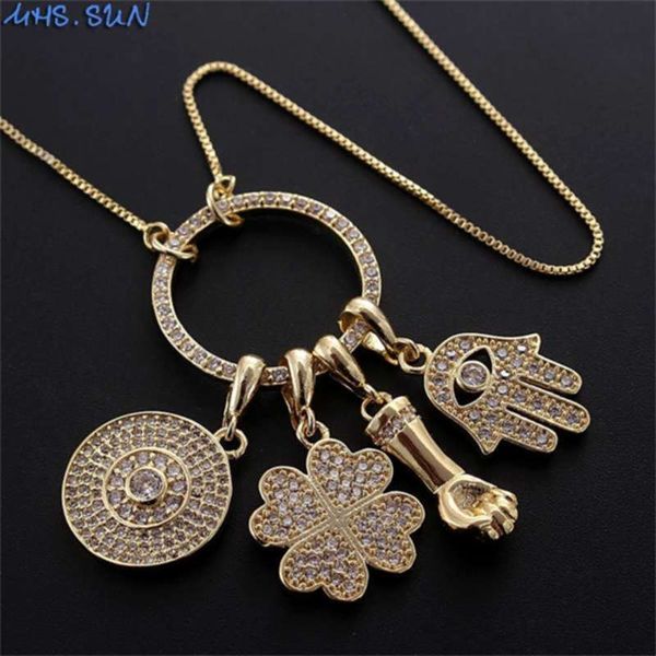 

mhs.sun est lucky clover/eye hand hamsa pendant necklace with aaa zircon jewelry link chain collier for women party gift 210929, Silver