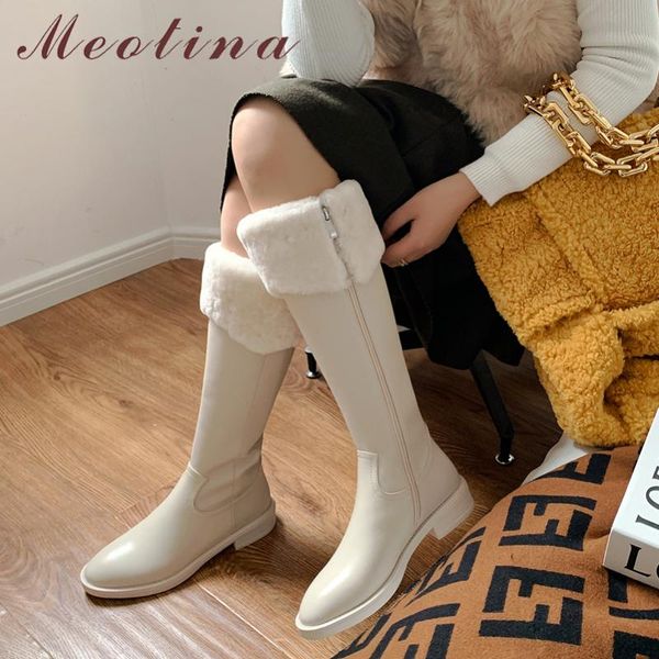 

boots meotina women genuine leather snow thick high heel ladies zipper round toe knee autumn winter beige black